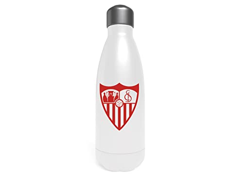 Sevilla- Botella de agua de acero, Bidón, Cantimplora, Cierre Hermético, Color blanco, Escudo Sevilla FC, Producto Oficial (CyP Brands)