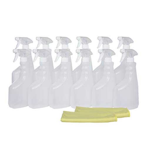 Botella pulverizador vaporizador de plástico. 750 ml. Rellenable para jardín, limpieza, industria, hogar y profesional. Resistente productos químicos. (12 Unidades+2 Bayetas, Traslúcido)