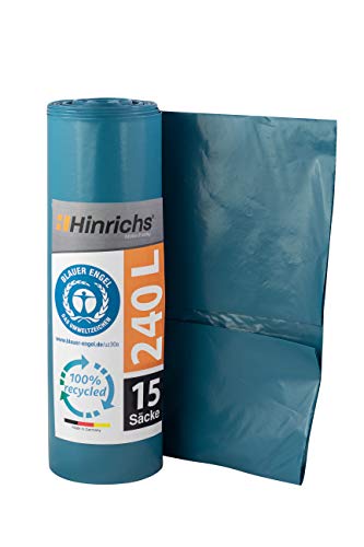 Hinrichs 15 x Bolsas Basura 240 Litros Azul - Extremadamente Resistente al Desgarro - Rollo de 15 Bolsa Basura – Bolsa de Basura - LDPE – Bolsa Basura Grandes - Ideal para el Hogar o el Jardín