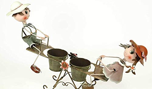 CAPRILO Macetero Doble Decorativo de Metal Niños en Balancín. Adornos y Figuras. Decoración para Jardín. Regalos Originales. 50 x 13 x 29 cm. IB 2
