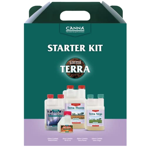 Canna Starter Kit (Todo lo Necesario para un Ciclo de Cultivo) + Regalo de Guantes (Nuevo Formato), Rhizotonic 250ml, Terra Vega 250ml, Terra Flores 500ml, PK 13-14 50ml