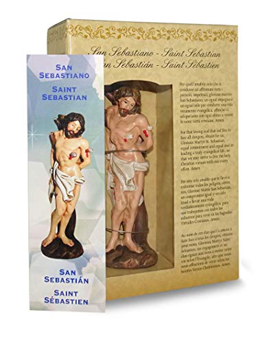 Ferrari & Arrighetti Estatua de San Sebastián de 12 cm en caja de regalo con marcador, figura religiosa con caja de regalo decorativa, textos en ES/EN/ES/FR