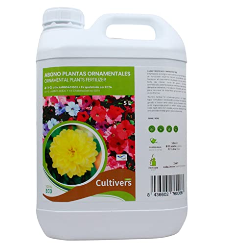 CULTIVERS Fertilizante para plantas ornamentales ecológico de 5 L. Abono líquido con Aminoácidos + Quelato de Hierro. Plantas más verdes