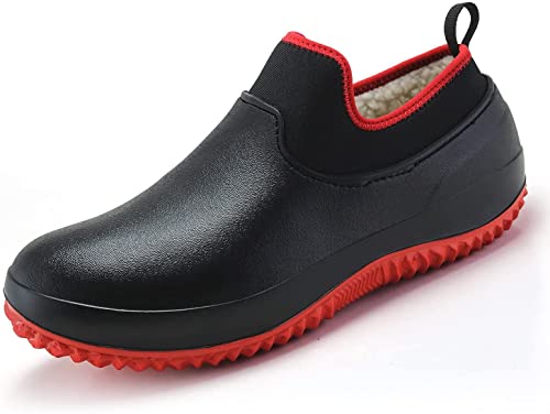 Dzhzuj Zapatos De Trabajo De Invierno Unisex para Chef Impermeables Y Antideslizantes, Zapatos De Trabajo Cómodos Y Seguros para Un Jardín Y Una Cocina Cálidos (Black-Red,37)