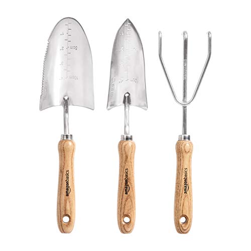 Amazon Basics Lote de herramientas de jardinería de 3 piezas, con paleta, transplantador de mano y cultivador de mano, de acero inoxidable