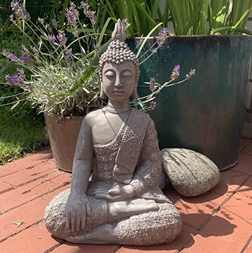 Estatua de Buda sentado, grande, de hormigón gris, piedra artificial, fengshui, decoración, para jardín, resistente a las heladas (45 cm de altura, gris)