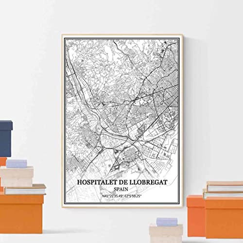TANOKCRS Hospitalet de Llobregat España Mapa de pared arte lienzo impresión cartel obra de arte sin marco moderno mapa en blanco y negro recuerdo regalo decoración del hogar