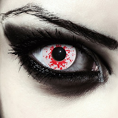 DESIGNLENSES, Dos lentillas de color blanco sangriento para Halloween zombie disfraz, 1 par/2 pzs, sin graduación + caso de lente „Blood Splash